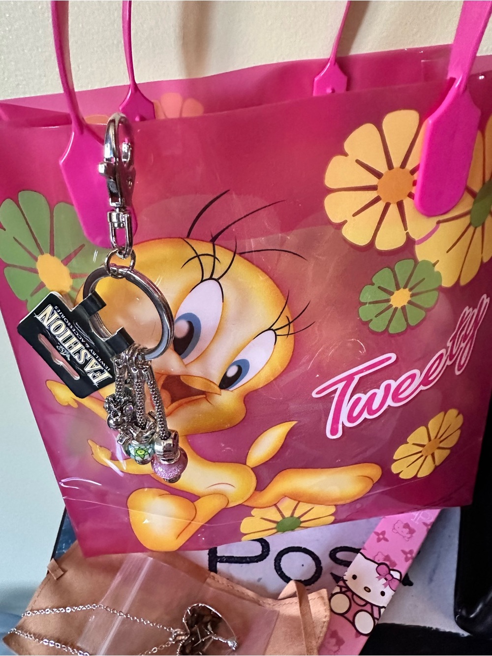 Betsey Johnson Black Teddy-Print Tote Bag - with filled tweety bag. NWT - Picture 10 of 13